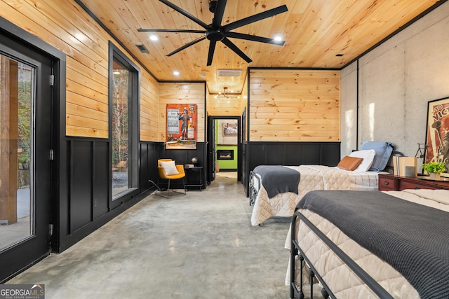 bedroom with access to exterior, wood walls, concrete floors, and wood ceiling