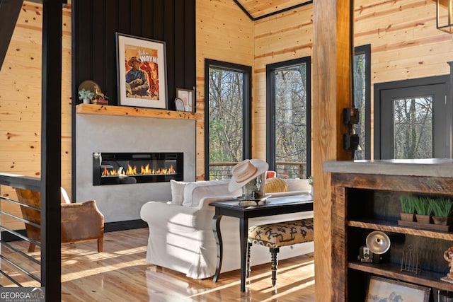 73 Cannon St, Clayton, GA 30525 - living area featuring wood walls, a glass covered fireplace, wood finished floors, and high vaulted ceiling