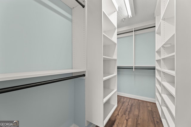 spacious closet with dark wood-type flooring