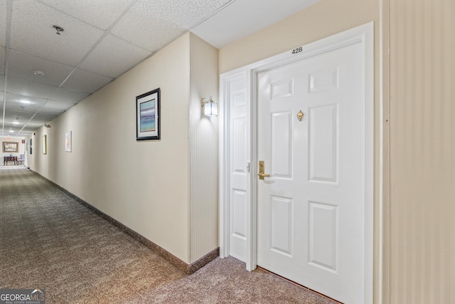 corridor with carpet and a drop ceiling