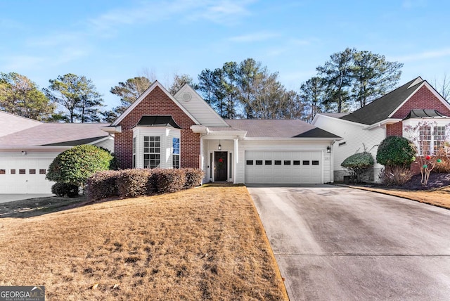 front facade with a garage and a front lawn