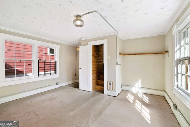 unfurnished bedroom with ornamental molding