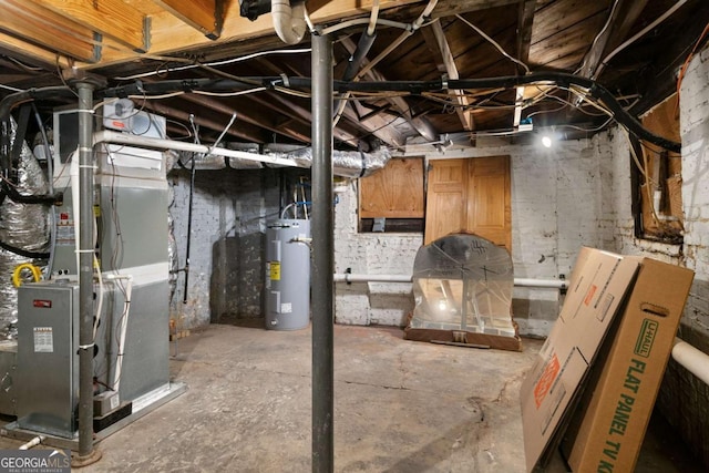 basement with heating unit and water heater