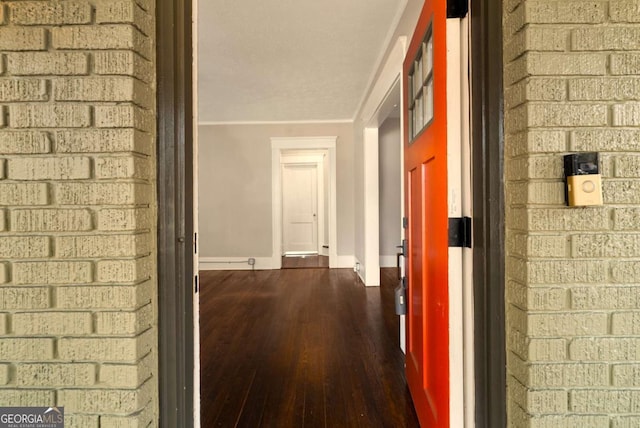 hallway featuring dark wood-type flooring and ornamental molding