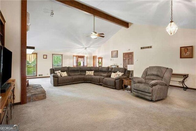 carpeted living room featuring beam ceiling, high vaulted ceiling, and ceiling fan