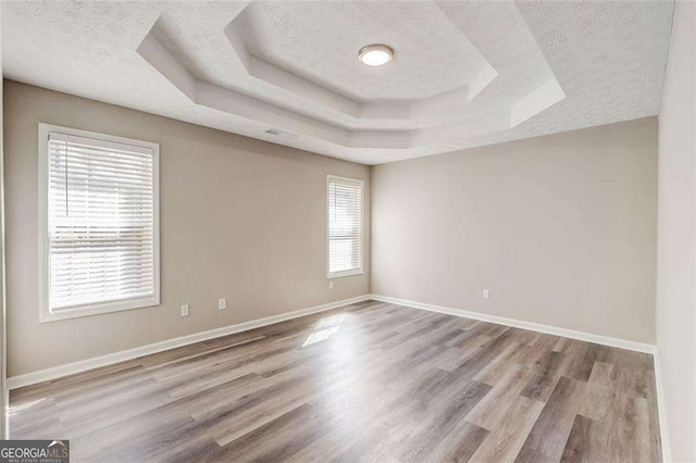 spare room featuring a textured ceiling, light hardwood / wood-style floors, and a raised ceiling