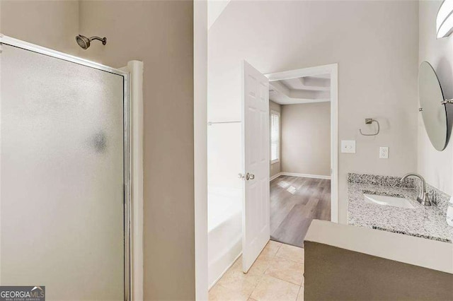 bathroom featuring vanity, wood-type flooring, and shower with separate bathtub