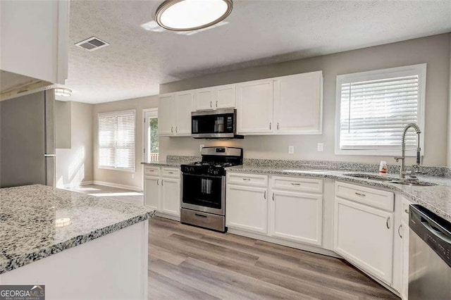 kitchen with white cabinets, a wealth of natural light, sink, and appliances with stainless steel finishes