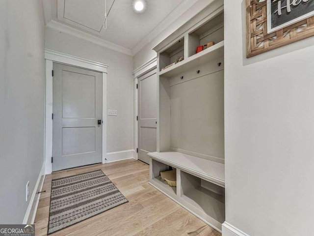 mudroom featuring light hardwood / wood-style floors and crown molding