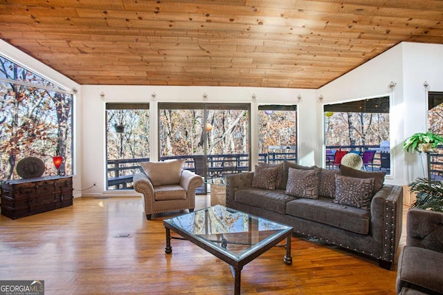 living room featuring wood ceiling, vaulted ceiling, and hardwood / wood-style flooring