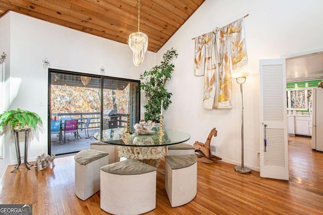 dining room featuring an inviting chandelier, wood-type flooring, wooden ceiling, and vaulted ceiling