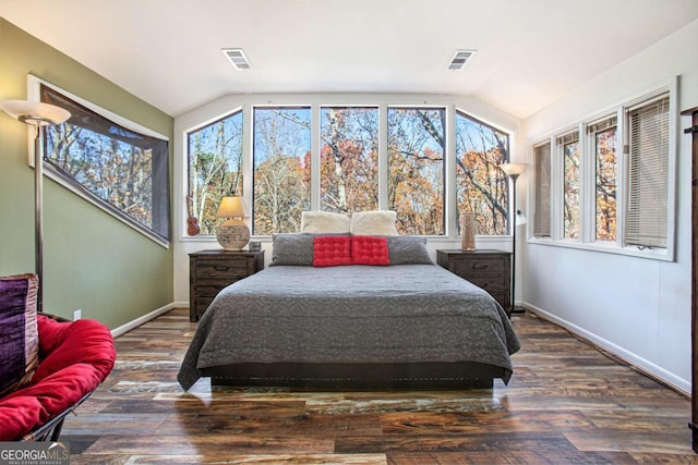 bedroom featuring dark hardwood / wood-style floors, multiple windows, and vaulted ceiling