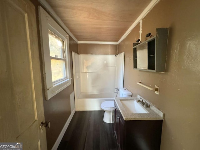 full bathroom featuring ornamental molding, wood ceiling, bathtub / shower combination, wood-type flooring, and toilet