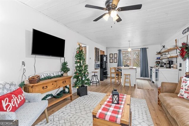 living room featuring ceiling fan and light hardwood / wood-style flooring