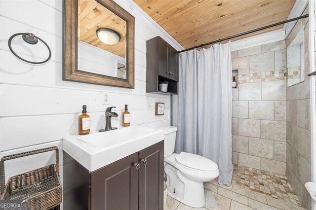 bathroom with a shower with shower curtain, vanity, toilet, and wooden ceiling