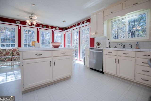 kitchen featuring dishwasher, white cabinets, and a healthy amount of sunlight