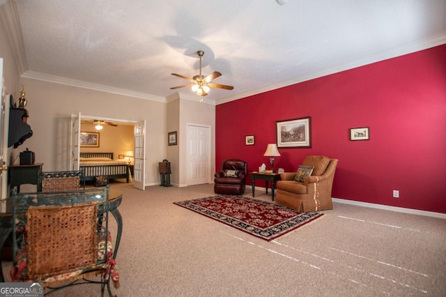 living room featuring carpet flooring, crown molding, and french doors