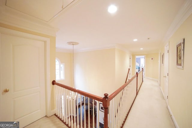 corridor featuring crown molding, light colored carpet, and a healthy amount of sunlight