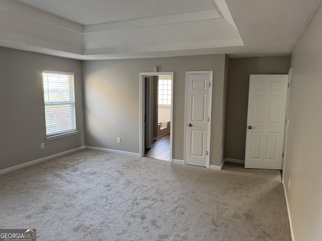 carpeted spare room featuring a textured ceiling and a tray ceiling