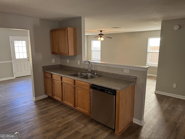 kitchen featuring stainless steel dishwasher, a healthy amount of sunlight, dark hardwood / wood-style floors, and sink