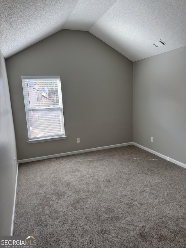 empty room with vaulted ceiling, carpet, and a textured ceiling