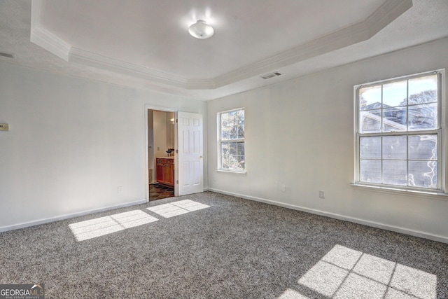 carpeted spare room featuring ornamental molding, a wealth of natural light, and a tray ceiling