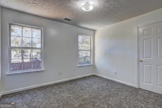 unfurnished room with carpet, a textured ceiling, and a wealth of natural light