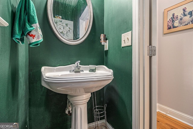 bathroom with hardwood / wood-style flooring