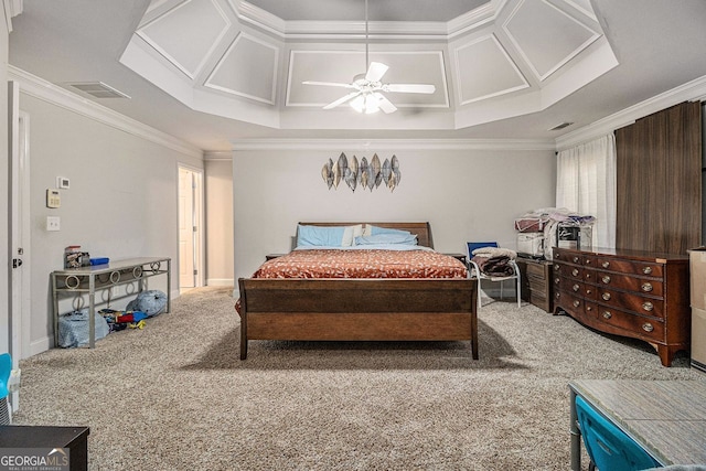 bedroom with carpet flooring, a raised ceiling, ceiling fan, and ornamental molding