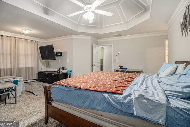 bedroom with carpet flooring, ceiling fan, a raised ceiling, and crown molding