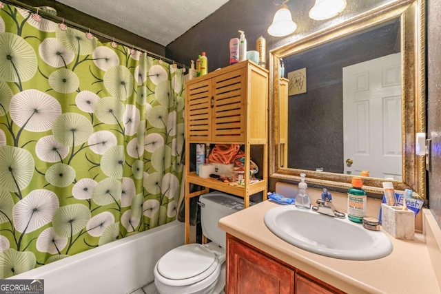 full bathroom with a textured ceiling, vanity, toilet, and shower / tub combo with curtain