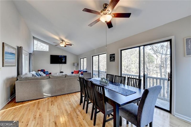 dining space featuring lofted ceiling, ceiling fan, light wood-type flooring, and a wealth of natural light