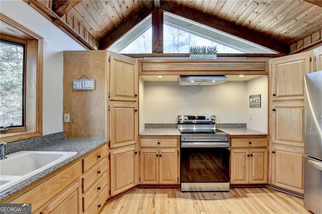 kitchen with appliances with stainless steel finishes, lofted ceiling with beams, a healthy amount of sunlight, and range hood