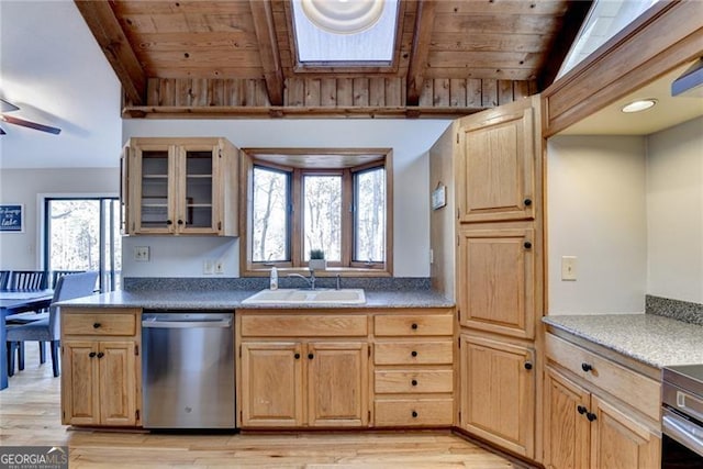 kitchen featuring wood ceiling, sink, light hardwood / wood-style flooring, and appliances with stainless steel finishes