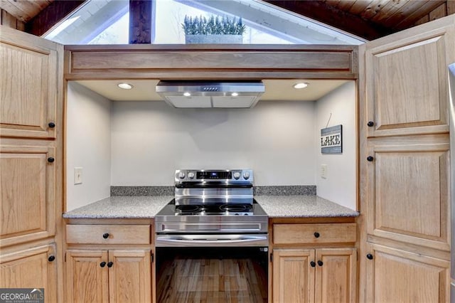 kitchen featuring light brown cabinetry, wood ceiling, ventilation hood, vaulted ceiling, and electric stove