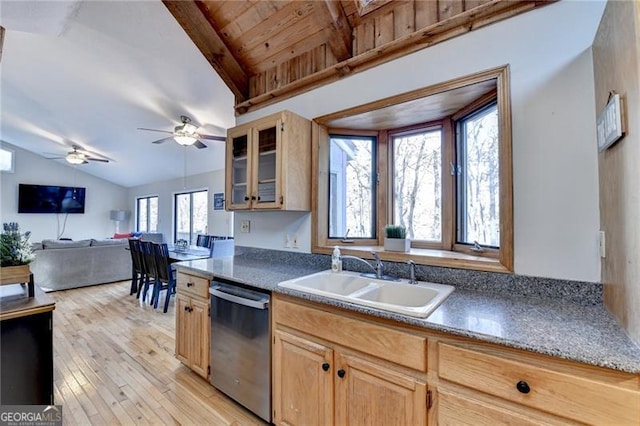 kitchen featuring lofted ceiling with beams, stainless steel dishwasher, a wealth of natural light, and sink