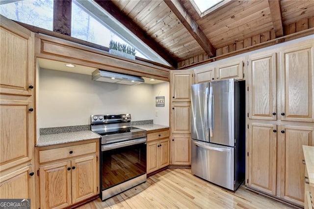 kitchen with lofted ceiling with skylight, ventilation hood, light wood-type flooring, wood ceiling, and stainless steel appliances