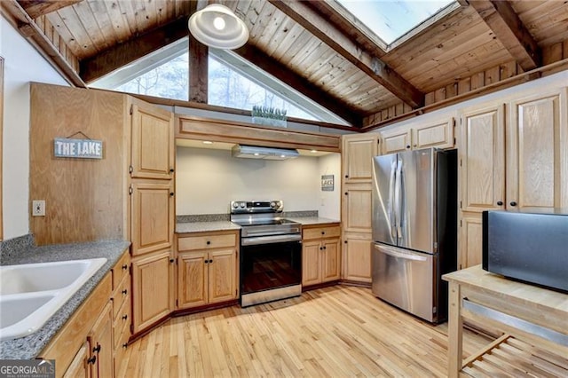 kitchen with sink, wooden ceiling, lofted ceiling with skylight, light hardwood / wood-style floors, and appliances with stainless steel finishes