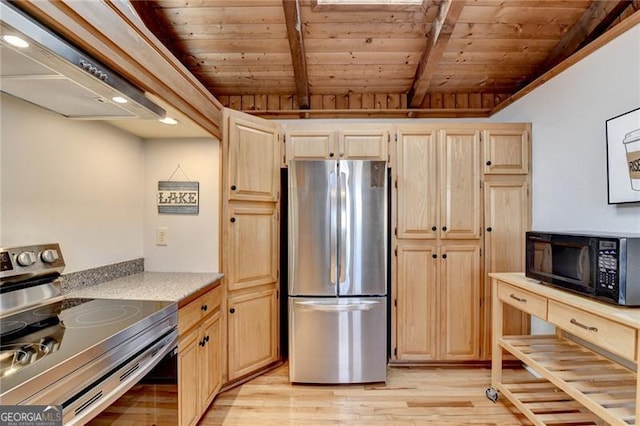 kitchen featuring beam ceiling, light brown cabinets, light wood-type flooring, and appliances with stainless steel finishes