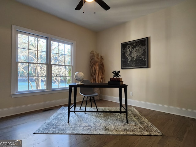 office space with hardwood / wood-style floors and ceiling fan