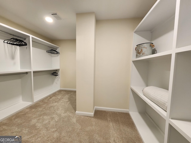 walk in closet featuring light carpet