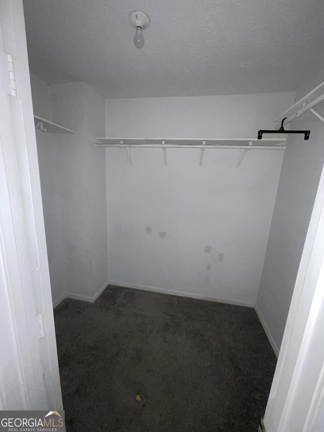 spacious closet featuring dark colored carpet