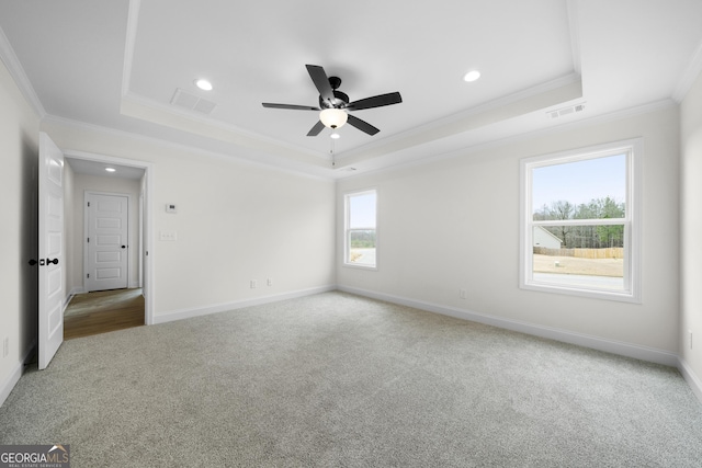 spare room with a raised ceiling, crown molding, and carpet