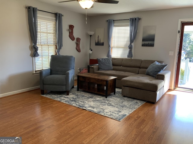 living room with hardwood / wood-style flooring and ceiling fan