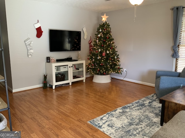 living room featuring ceiling fan, hardwood / wood-style floors, and a textured ceiling