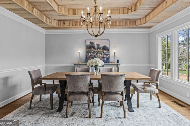 dining room with wooden ceiling, a raised ceiling, a notable chandelier, hardwood / wood-style floors, and ornamental molding