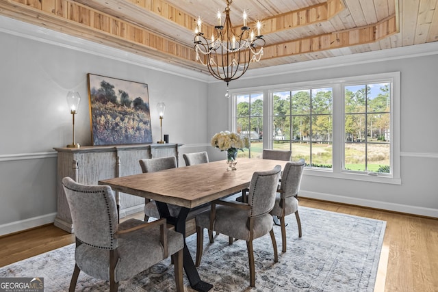 dining area featuring a chandelier, hardwood / wood-style floors, crown molding, and wood ceiling