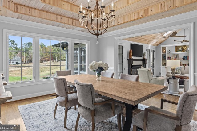 dining area featuring ceiling fan with notable chandelier, light wood-type flooring, and wood ceiling