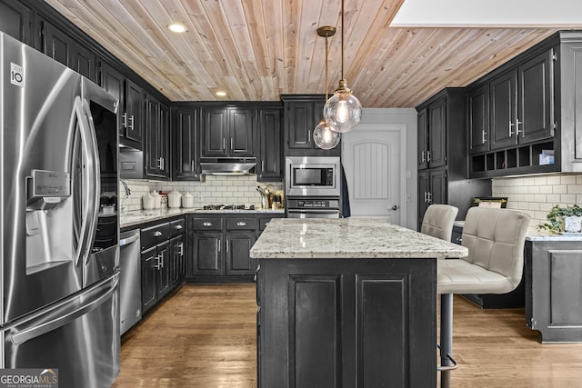 kitchen with a breakfast bar, a center island, hanging light fixtures, appliances with stainless steel finishes, and wood ceiling