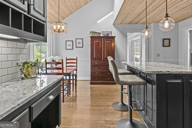 kitchen with pendant lighting, a center island, backsplash, wood ceiling, and a breakfast bar area